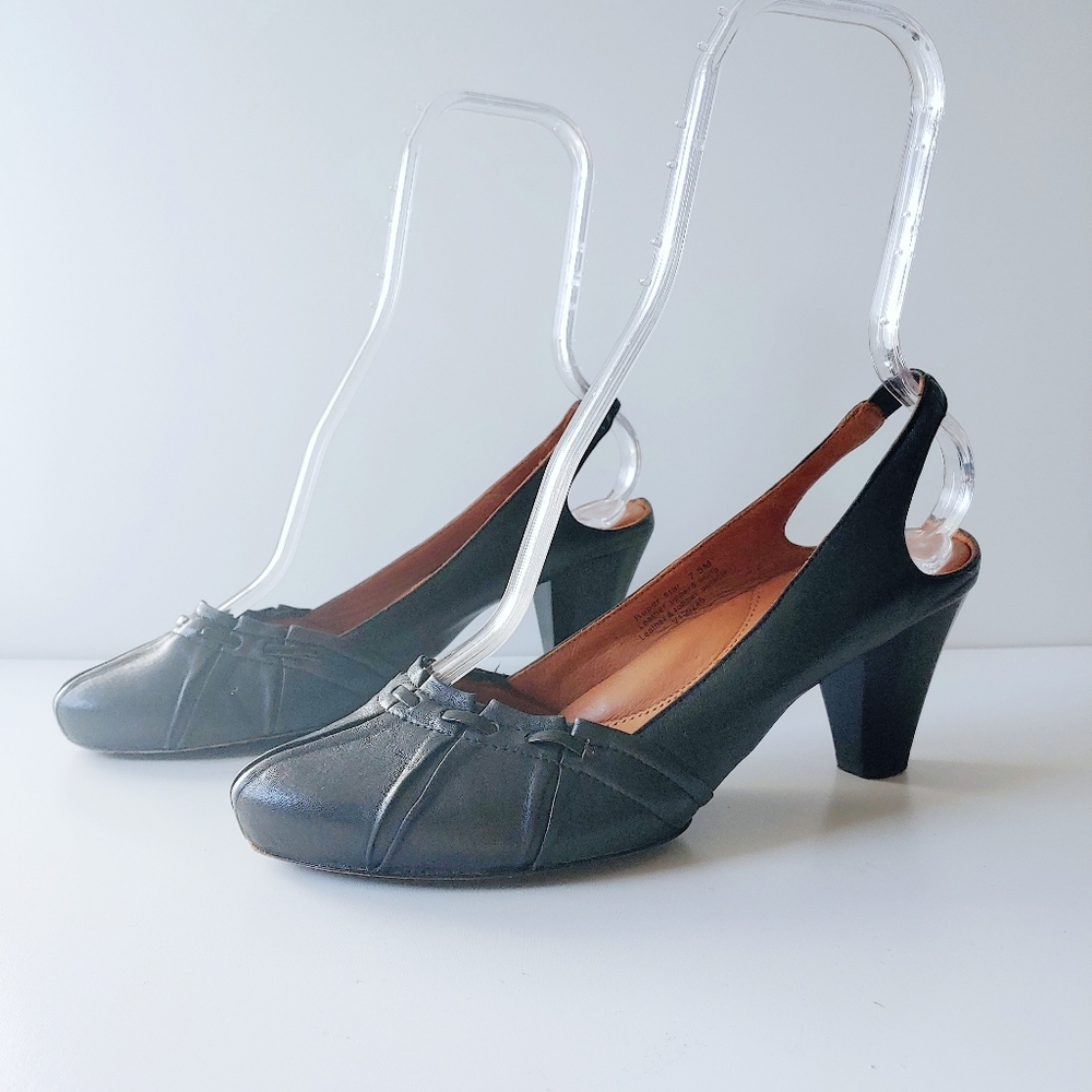 Gentle Souls Ruper Star Black Leather Slingback Heels 7.5 Cone Heel Retro Office